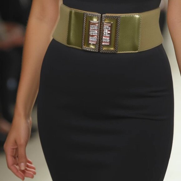 New Women Gold Elastic Wide Fashion Belt Bling Metal Square Buckle S M z089 - Picture 6 of 17